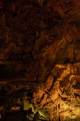 Beautiful view of stalactites and stalagmites in Damlatas underground cave, Alanya-Turkey. Cave dwellings and combinations of features. 