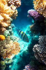 Sergeant Major Fish school (Abudefduf saxatilis or pintano) on a coral reef in the Red Sea, Egypt....