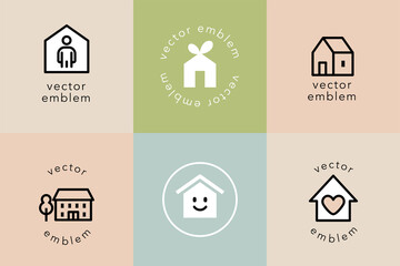 Vector label design template set with house icon - obrazy, fototapety, plakaty