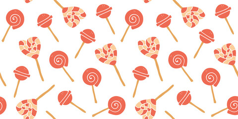 Vector pink lollipops seamless pattern. Cartoon retro red sweet candy background.