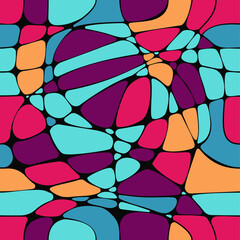 Multicolored stained glass seamless pattern in retro style. Abstract vector background with chaotic mosaic pattern and tangled lines.