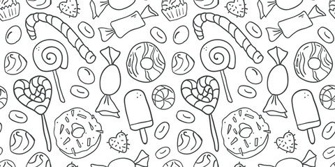 Black and white seamless pattern with hand drawn outline candies.
