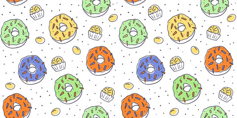 Donut with white glaze, pink, blue mint and yellow lemon donuts, donuts and candies pattern. Seamless pattern. Vector illustration