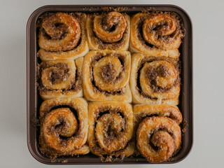 Top view of cinnamon rolls with cardamom and brown sugar in the cooking dish after baking