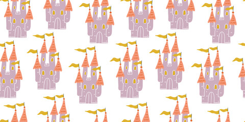 Seamless princess pattern with castles on white