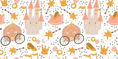 Childish seamless pattern with princess, castle, carriage in scandinavian style on white with polka dots. Creative vector childish background for fabric, textile, clothing