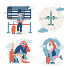 Set vector flat cartoon illustrations. Illustrations at the airport. Illustrations on the theme of travel by plane. 