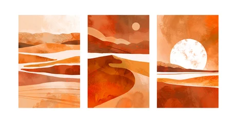 Foto auf Acrylglas Orange Abstract landscape background in scandinavian style. Desert. Dune. Abstract geometric mountain landscape poster. Set of trendy minimalist landscape contemporary collages. Good for cover, invitation