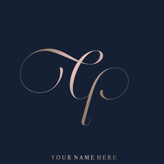 CP monogram logo.Calligraphic signature icon.Letter c, letter p.Lettering sign isolated on dark fund.Wedding, fashion, beauty alphabet initials.Handwritten, decorative style characters.