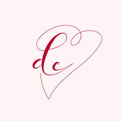 DC monogram logo.Calligraphic signature icon.Lowercase letter d, letter c.Lettering sign isolated on light fund.Wedding, valentine alphabet initials.Handwritten, decorative characters.Heart outline.
