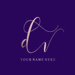 DV monogram logo.Calligraphic signature icon.Lowercase letter d, letter v.Lettering sign isolated on dark fund.Wedding, fashion, beauty alphabet initials.Handwritten, decorative style characters.