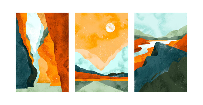 Fototapeta Abstract landscape background in scandinavian style. Abstract geometric mountain landscape poster. Set of trendy minimalist landscape contemporary collages. Good for cover, invitation, banner, card