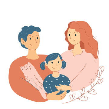 The concept of the image of a happy family. Mom, Dad and daughter. Vector illustration in hand-drawn style on a white background