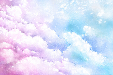 Fototapeta premium Watercolor sky of pastel delicate shades. Clouds in the sky. Mint and pink sky. Hand painted watercolor. Pastel sky