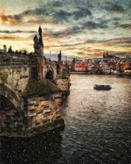 Fototapeta premium Digital painting modern artistic artwork, Prague Czechia, drawing in oil European famous old street view, beautiful old vintage houses, design print for canvas or paper poster, touristic production