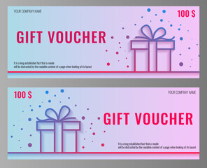 Set of lgift voucher with a present box. Vector template with a blue/pink background for gift card, coupon and certificate.