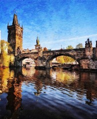 Obraz premium Digital painting modern artistic artwork, Prague Czechia, drawing in oil European famous old street view, beautiful old vintage houses, design print for canvas or paper poster, touristic production