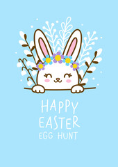 Greeting card with cute rabbit  for happy Easter egg hunt poster design 2