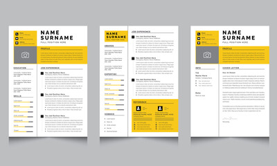 Obraz na płótnie Canvas Modern Resume and Cover Letter Layout Set with Yellow Accents 
