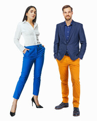 Full length portrait of young business women und business man standing on white background