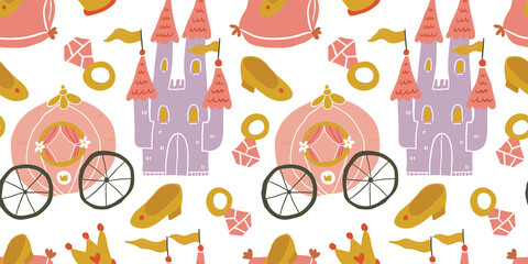 Childish seamless pattern with princess, castle, carriage in scandinavian style on white. Creative vector childish background for fabric, textile, clothing