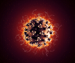 a coronavirus model surrounded by fire