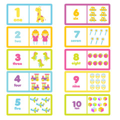 Count from one to ten. Cartoon toys and numbers. Educational learning cards for children, kids, toddlers. - 495913683