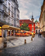 Obraz premium Digital painting modern artistic artwork, Prague Czechia, drawing in oil European famous old street view, beautiful old vintage houses, design print for canvas or paper poster, touristic production