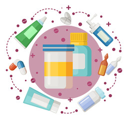 Pharmacy banner. Pills and drugs containers on colorful poster