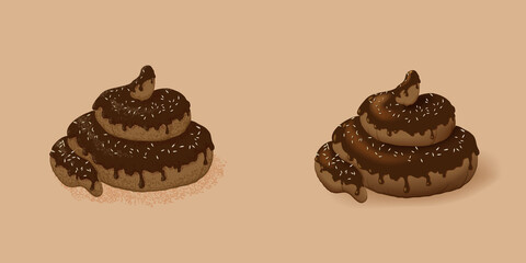 Pile of poo chocolate. Pile of poo in chocolate glaze sprinkled sesame on beige background. Different styles of drawing vector version of pile of feces.