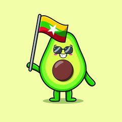 Cute cartoon Avocado mascot character with flag of Myanmar Country in modern design 