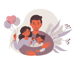 Happy cartoon family of dad, mom and daughter.