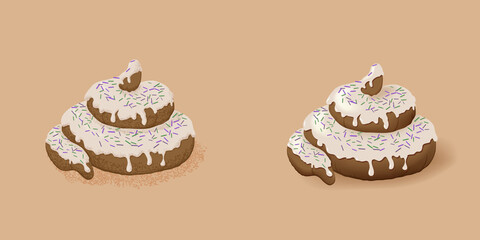 Pile of poo glaze. Pile of poo in glaze with purple and green sprinkles on beige background. Different styles of drawn vector version of pile of feces.