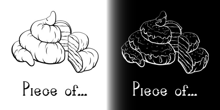 Piece of poo line art. Pile of poo or a cake with a piece of shit or cake cut off. Line art in different versions on white and black backgrounds.