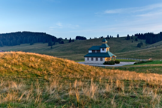Sunset at the Santa Zita church. Vezzena Pass, Levico Terme, Trento province, Trentino Alto-Adige, Italy, Europe.