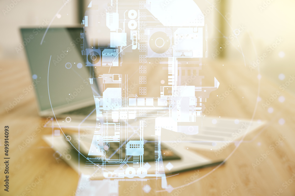 Aufkleber Double exposure of creative human head microcircuit hologram on calculator and pc background. Future technology and AI concept