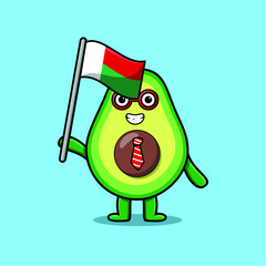 Fototapeta na wymiar Cute cartoon Avocado mascot character with flag of Madagascar Country in modern design 