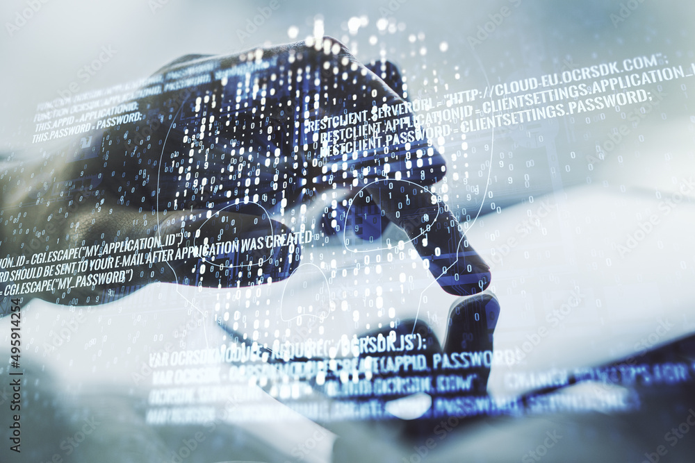 Poster Creative concept of code skull illustration and finger clicks on a digital tablet on background. Hacking and phishing concept. Multiexposure