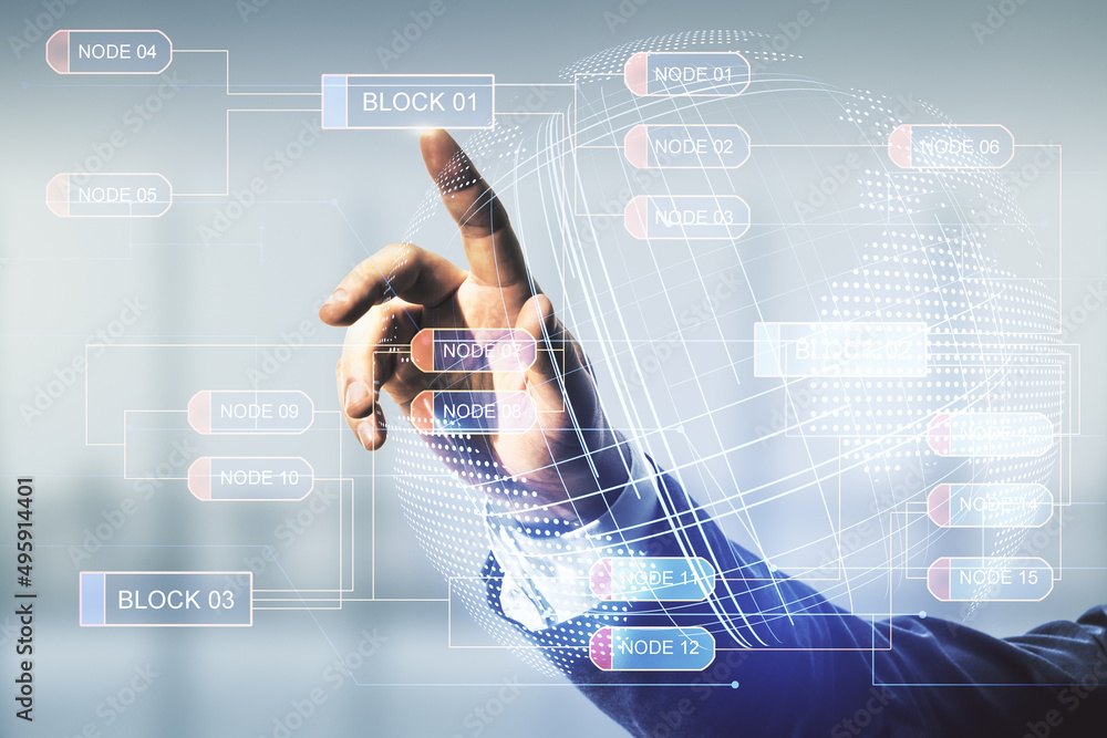 Poster double exposure of man hand working with abstract creative programming illustration and world map on
