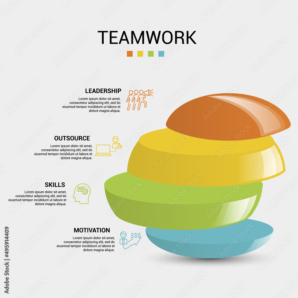 Poster infographic teamwork icons vector illustration. 4 colored steps info template with editable text.