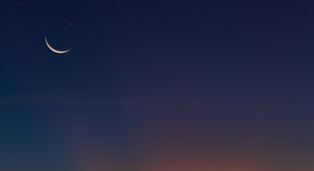 Crescent moon on dusk sky after sundown free space for text, Religion off Islamic on ramadan month,...
