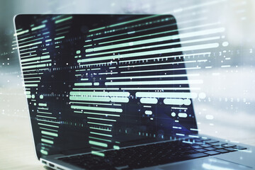 Double exposure of abstract digital world map on computer background, big data and blockchain concept