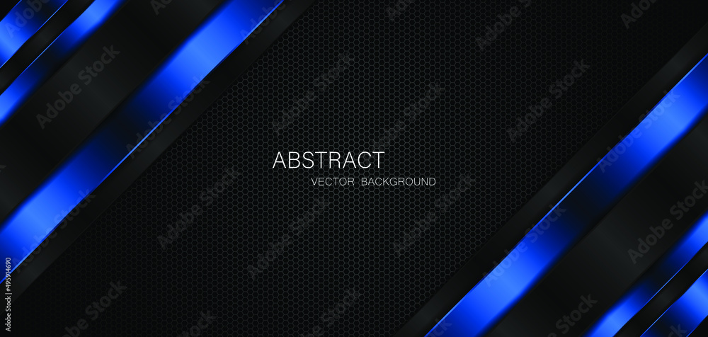 Poster abstract black and blue stripes overlap on dark steel mesh background with free space for design. mo