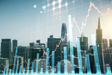 Multi exposure of virtual creative financial chart hologram on San Francisco skyscrapers background, research and analytics concept