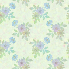 Watercolor flower prints with leaves repeating seamless pattern. Digital hand-drawn picture of flowers with a watercolor texture. endless motif for textile decor, wallpaper, packaging and design