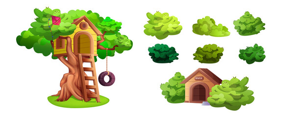Set of tree house, green garden bushes and doghouse isolated cartoon elements. Treehouse with wooden ladder, kite and tire swing for playing kids. Place for games and children activities in summer.