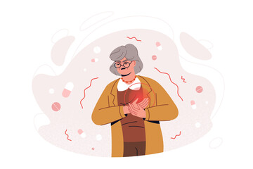 Flat old woman feel sharp chest pain, heart attack failure symptoms. Adult person clutching breast with painful facial expression. Sudden pressure, cardiac discomfort. Cardiovascular disease concept. - obrazy, fototapety, plakaty