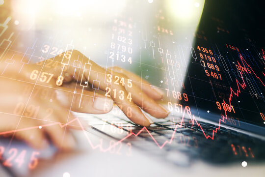 Multi exposure of creative statistics data hologram with hands typing on computer keyboard on background, stats and analytics concept - Powered by Adobe