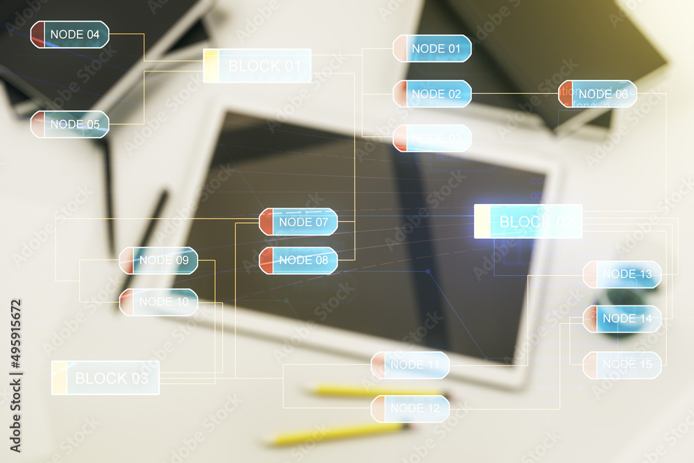 Aufkleber multi exposure of abstract software development hologram and digital tablet on background, top view,