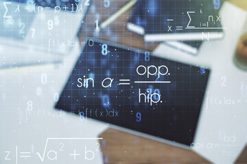 Double exposure of creative scientific formula concept and digital tablet on background, top view, research and development concept